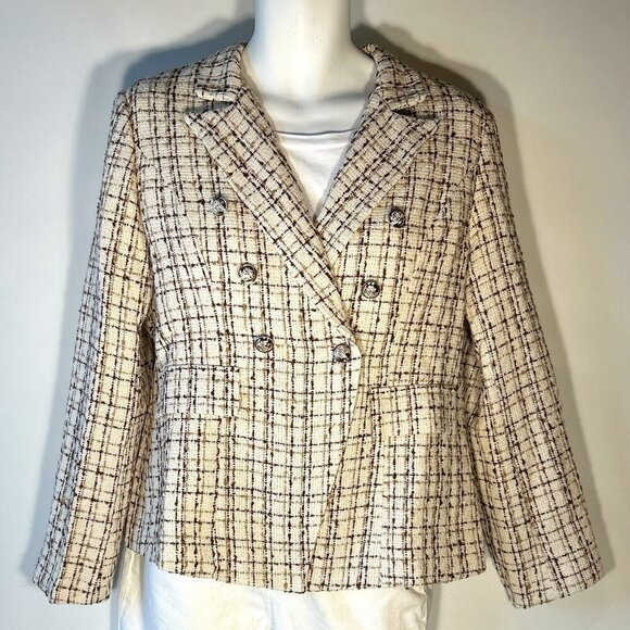 Neutral Plaid Tweed Blazer SZ XL Capsule Wardrobe Academia Career Preppy Timeles - Picture 1 of 8